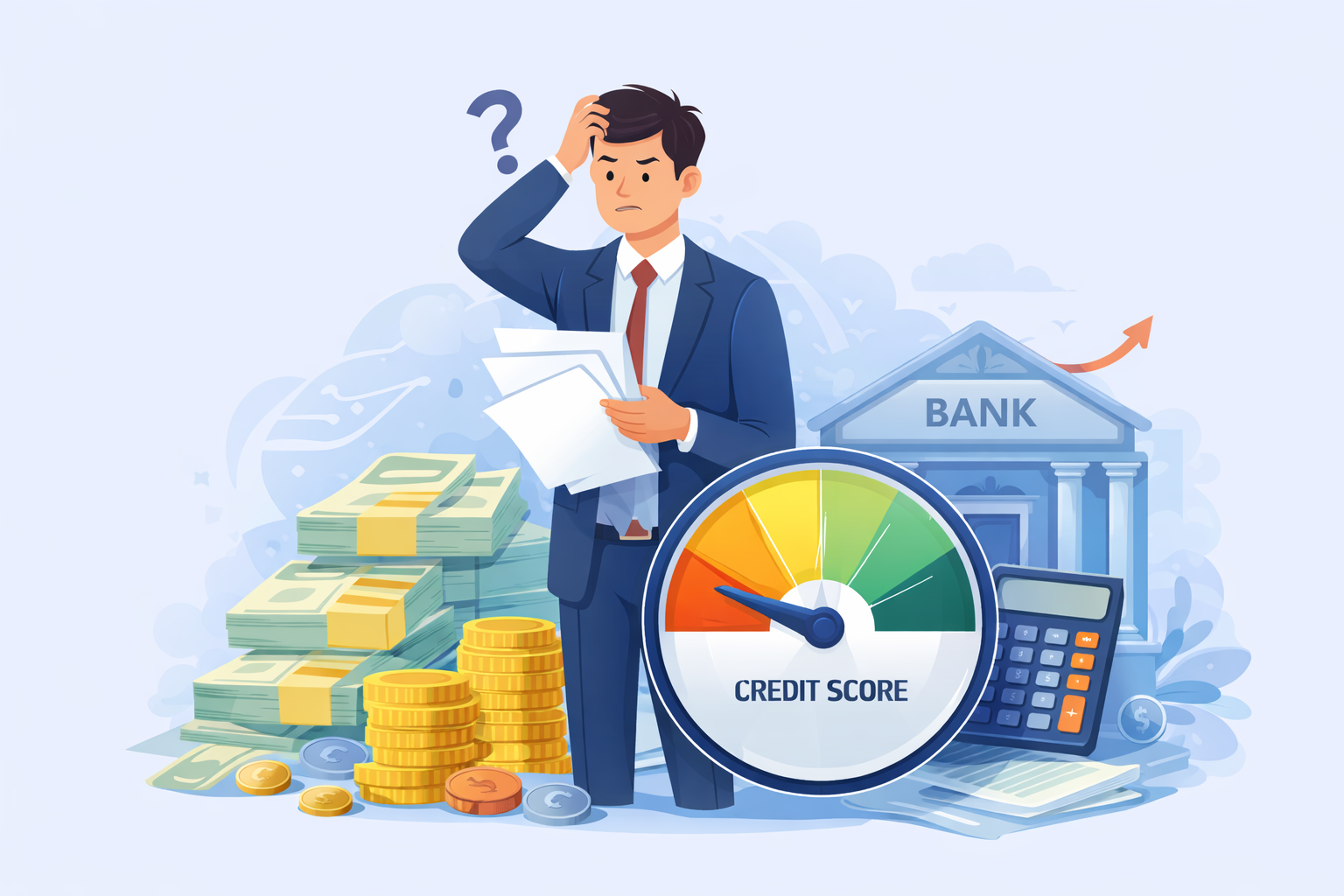 Loan application mistakes illustrated by a confused borrower and credit score meter